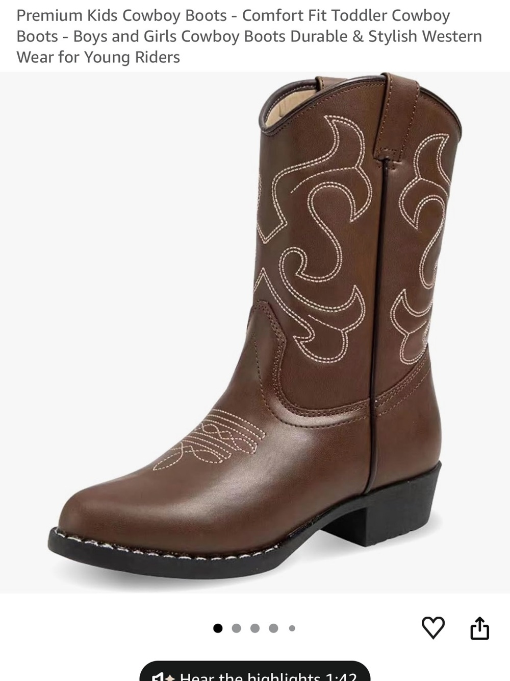 Kids Brown Western Pull-On Boots with Decorative Stitching